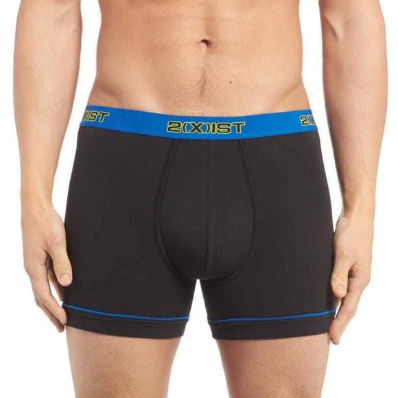 2XIST Men's M BLACK Performance 2-Pack Stretch Boxer Briefs (1 PINK,1 BLUE BAND) - Picture 1 of 5